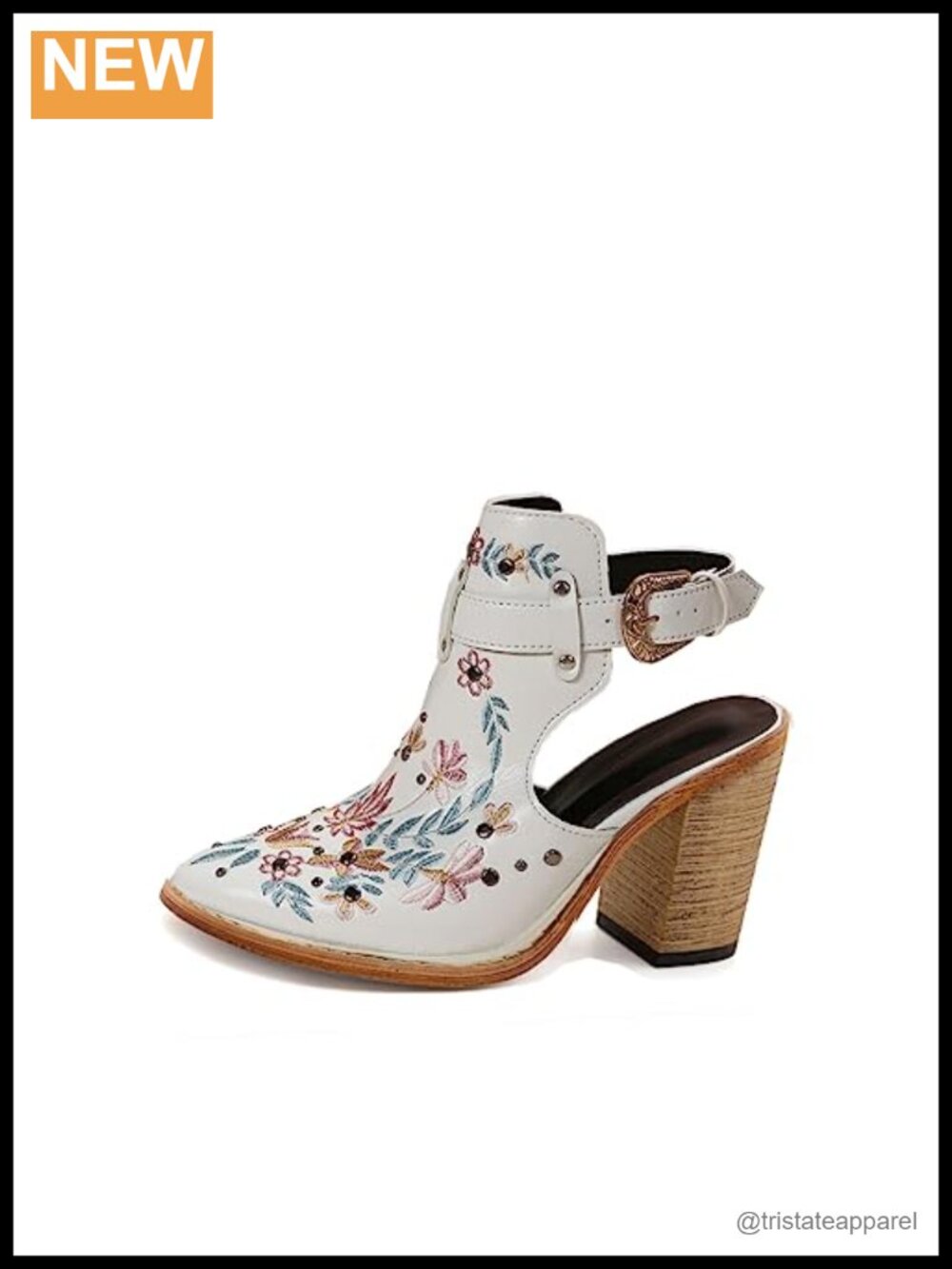 Women's Floral Embroidery Ankle Boots Buckled Backless Western Chunky Heeled